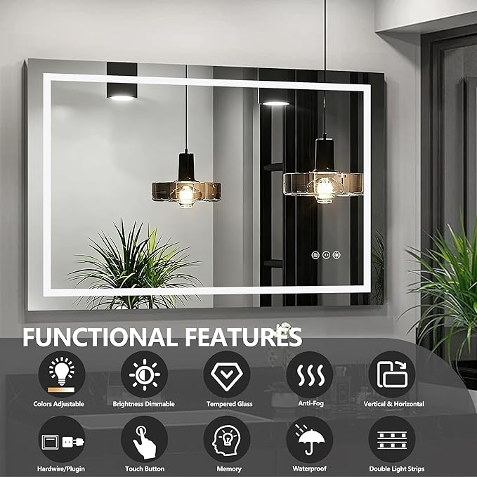 24" x 36" LED Lighted Bathroom Mirror - Backlit + Front Lit Dimmable Vanity Mirror with 3 Color Temperature, Anti-Fog, Memory Function, Shatter-Proof Tempered Glass Wall Mounted LED Mirror