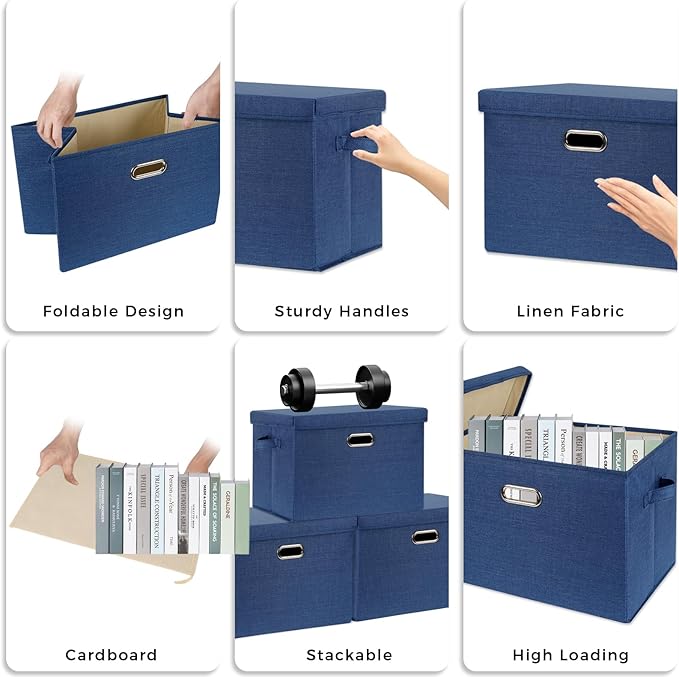 SNWDN 4 Pack Large collapsible Fabric Storage Bins with Lids Fabric storage box with lids for closet organizers and storage (Dark Blue 17.3x11.4x11.8 inches)