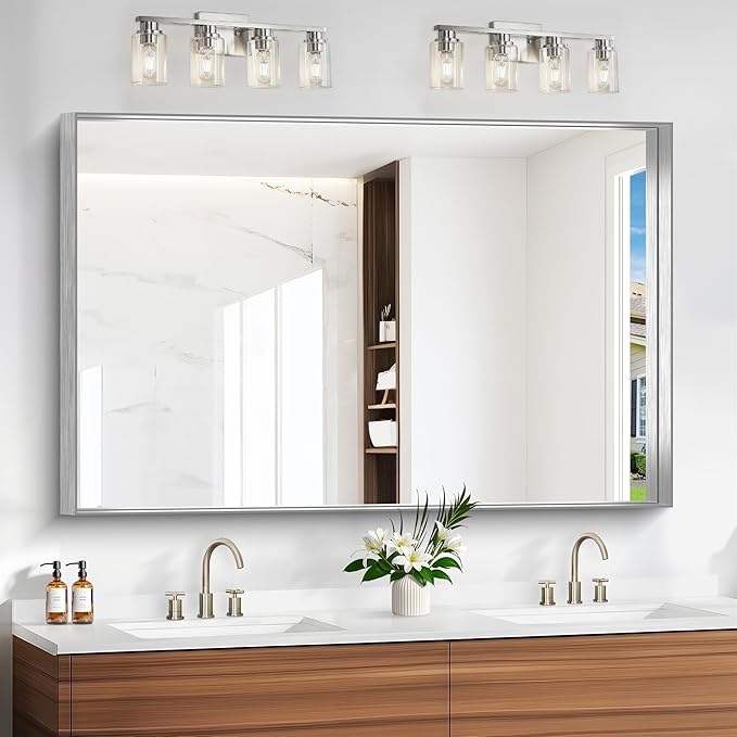 Silver Bathroom Mirror, 36x55 Inch Rectangular Deep Frame Mirror, Large Wall Mounted Bathroom Vanity Mirror Over Sink for Bedroom,Restroom, Living Room, Hangs Vertically or Horizontally