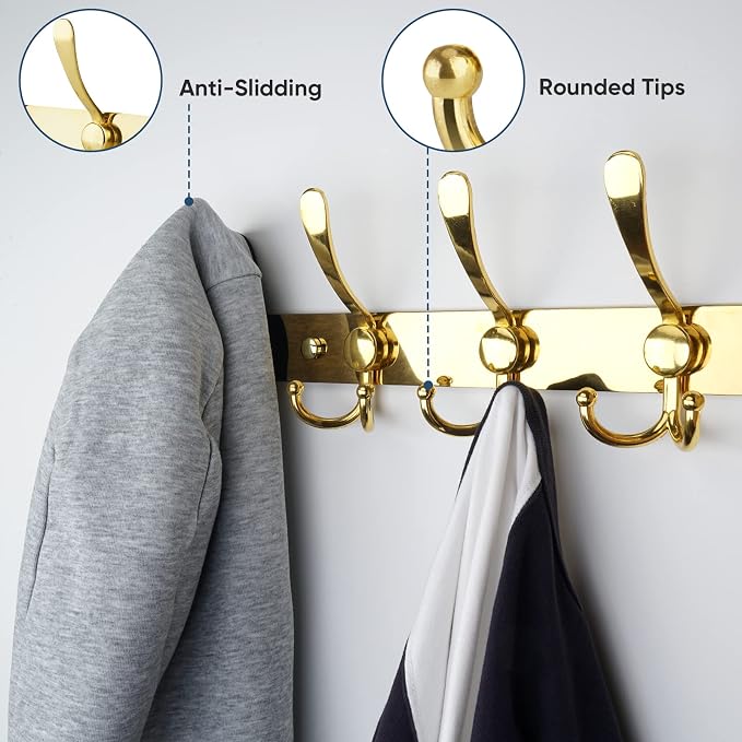 TICONN Wall Mounted Coat Rack, Five Heavy Duty Tri Hooks All Metal Construction