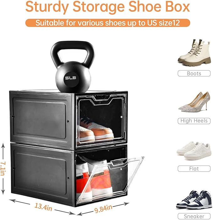 12 Pack Shoe Boxes Organizer, Magnetic Door Shoe Storage Boxes, Clear Sneaker Storage Box for Women/Men, Fit up to US Size 12