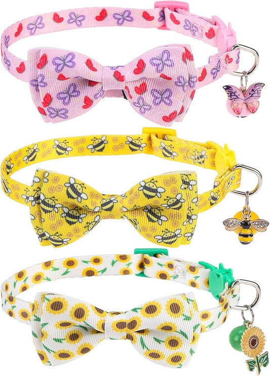 Breakaway Cat Collar with Removable Bow Tie and Bell, Cute Multi-Style Patterns, 3 Pack Safety Buckle Kitten Collars, Adjustable Pet Collar for Cats Puppy (Style B - Nature)