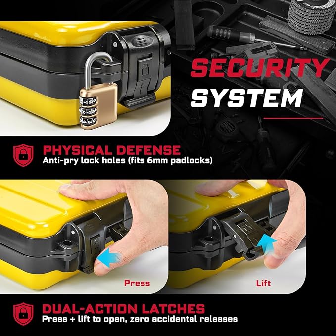 11”Yellow Tools Box, Portable Steel Heavy-duty Tool Case with Safety Latch and Handle for Tools Storage and Organizers, Home DIY