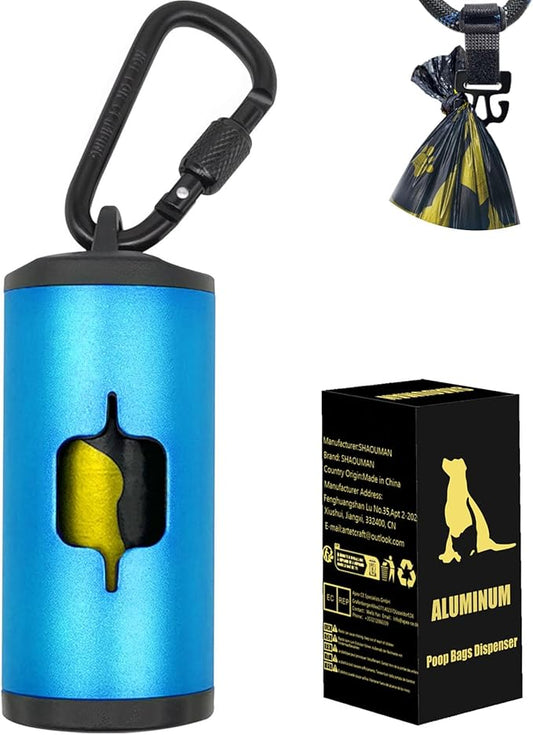 Metal Dog Poop Bag Holder w/Leash Clip|Durable Scratch-Resistant Aluminum|15 Bags+3 Accessories(Blue)