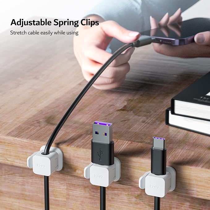 PZOZ 6 Pack Cable Organizer Clips, Adhesive Cord Holder for Desk, Secure Cable Management Clips for USB-C, Lightning & Charging Cables, Wire Organizer for Home Office Car (White)