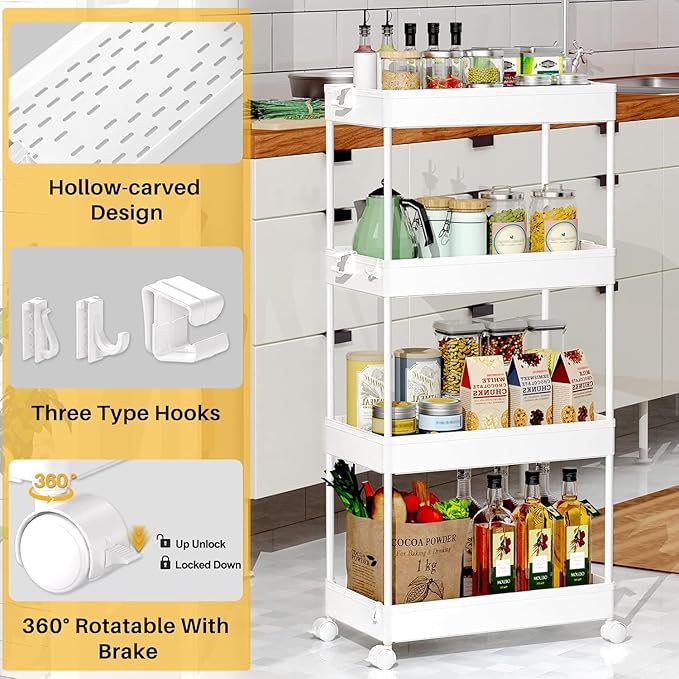 SPACEKEEPER Storage Cart, 4-Tier Mobile Shelving Unit, Bathroom Rolling Cart Utility Storage Organizer Shelf for Kitchen Living Room Bathroom Laundry Room & Dressers, White