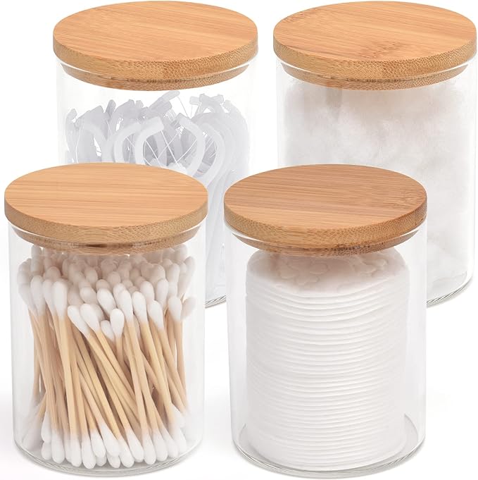4 Pack Glass Qtip Holder Dispenser Set - Apothecary Jars with Lids for Vanity Makeup Organizer - Bathroom Canister Storage Organizer for Cotton Ball,Swab,Round Pads,Floss