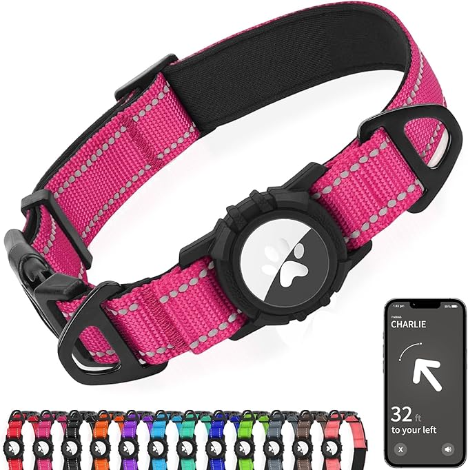 Joytale Airtag Dog Collar, Reflective Pet Collar with Waterproof AirTag Holder, Dual D-Rings, Soft Padded Adjustable for Small Dogs, Hotpink, S