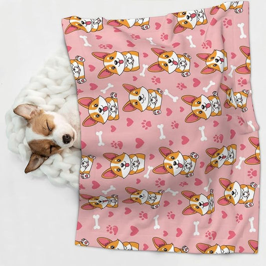 Pet Blanket for Travel and Home, Cute Happy Corgi Dog, Reversible Plush Dot Design with Soft Grip Texture on One Side Perfect for Car Seats Moving Vehicles