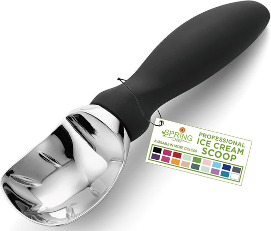Spring Chef Heavy Duty Ice Cream Scoop with Comfortable Handle - Professional Ice Cream Scooper for Gelato, Sorbet, Cookie Dough, Melon, Frozen Yogurt - Dishwasher Safe Metal Kitchen Tool - Black