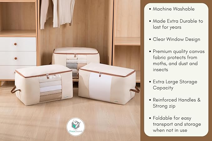 Canvas Storage Bags Designer Organizer for Comforters 2 Pack – Seasonal Storage for Pillows, Blankets, Linens & Garments – Foldable Design with Zip & Window, Moth-Proof Space Saver