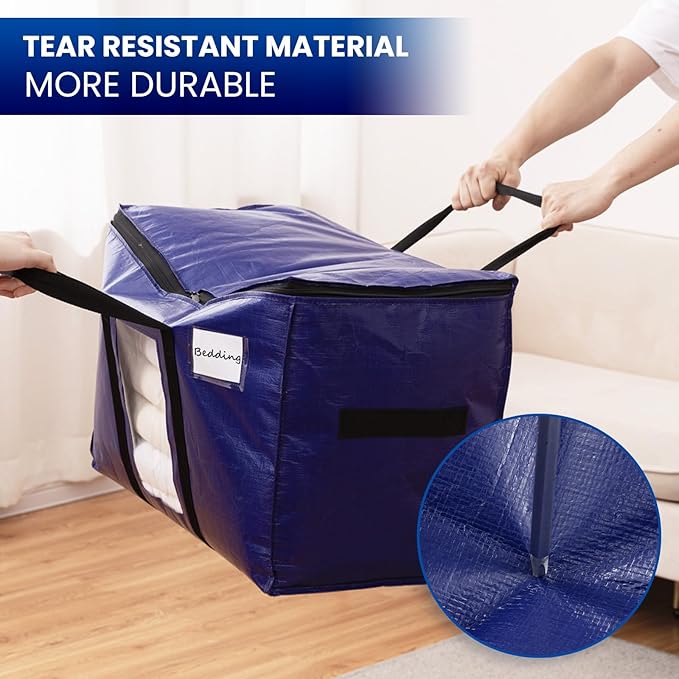 TAILI 10 Pack Dark Blue Extra Large Moving Bags, Heavy Duty Totes with Visible Window, Wrap Around Handles, Great for Space-Saving