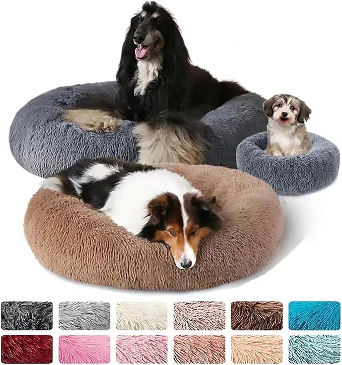 Calming Dog Bed for Small Dogs, Calming Donut Cuddler Pet Bed Anti Anxiety Round Dog Bed Fluffy Plush Faux Fur Cat Bed,Pink,23.6IN