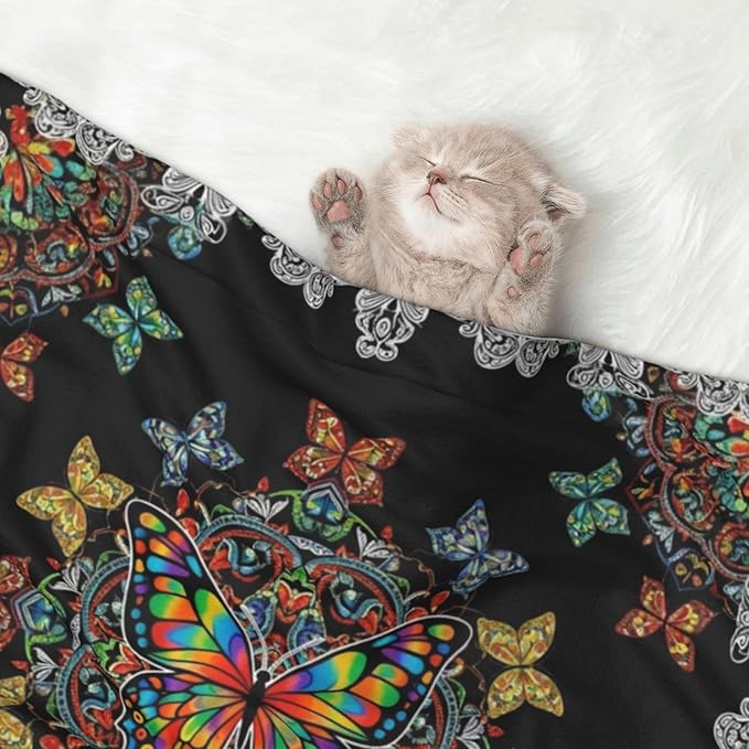 Dog and Cat Blanket in One, Butterflies Mandala Rainbow Art Black and White, Double Sided Plush Throw with Raised Dot Pattern on One Side and Flat Velvet on Other for Variety