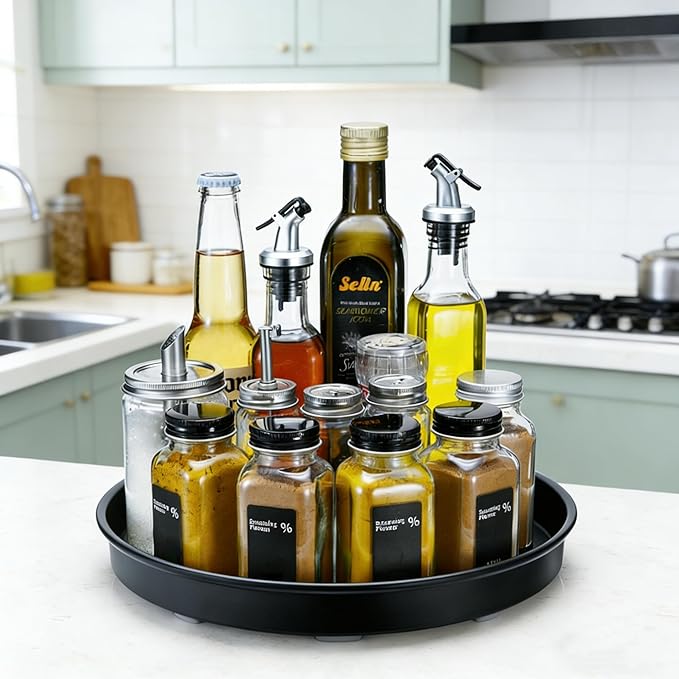 Amolliar Lazy Susan Organizer, Non-Skid Metal Rotating Turntable for Cabinet, Kitchen, Fridge, Pantry Storage, Spice Rack Condiment, Tray for Household Purpose, Under Sink Organizer, 10" 4 Pack Black