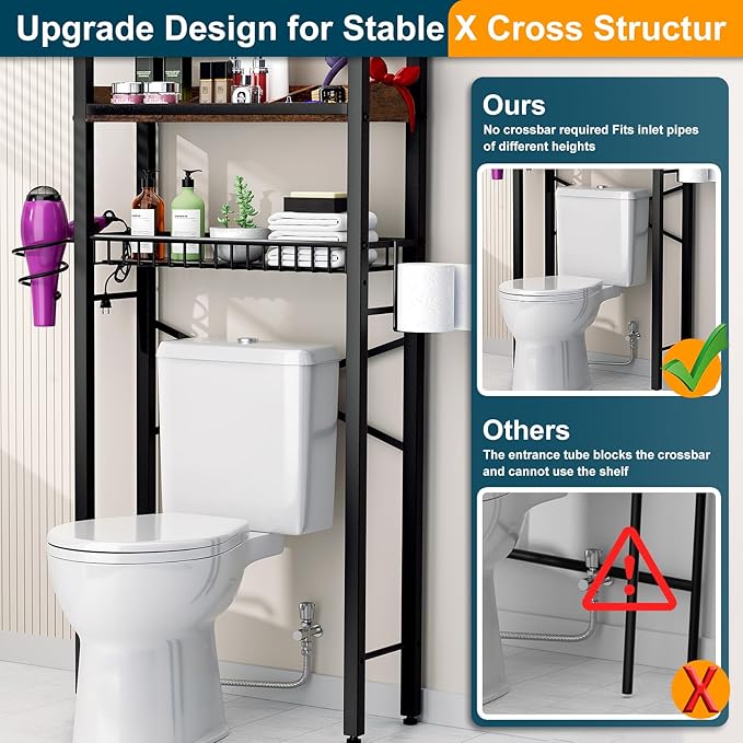 Over The Toilet Storage Cabinet,4 Tier Bathroom Organizers and Storage With Adjustable Shelf Waterproof Feet Pad and Basket ,Multifunctional Space Saver Freestanding Bathroom Shelves With Dividers