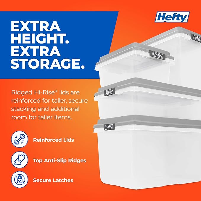 Hefty 113 Qt Hi-Rise Storage Bin with Lid, Stackable Plastic Storage Container, Organizer for Home, Garage & Closet, 4 Pack, Gray