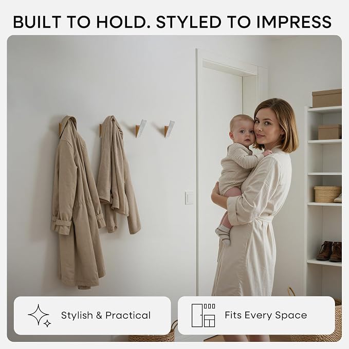 Homeforia Beech Wood Coat Hooks, High End Beech Wood & White Metal Wall Mounted