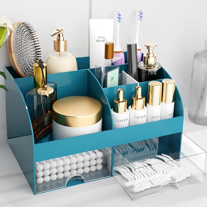 Makeup Organizer with Drawers, Cosmetic Storage for Dresser Vanity and Bathroom Countertop, Beauty Holder for Lipstick Brush, Skincare Organizer for Vanity, Cosmetic Display Case (Dark Green)