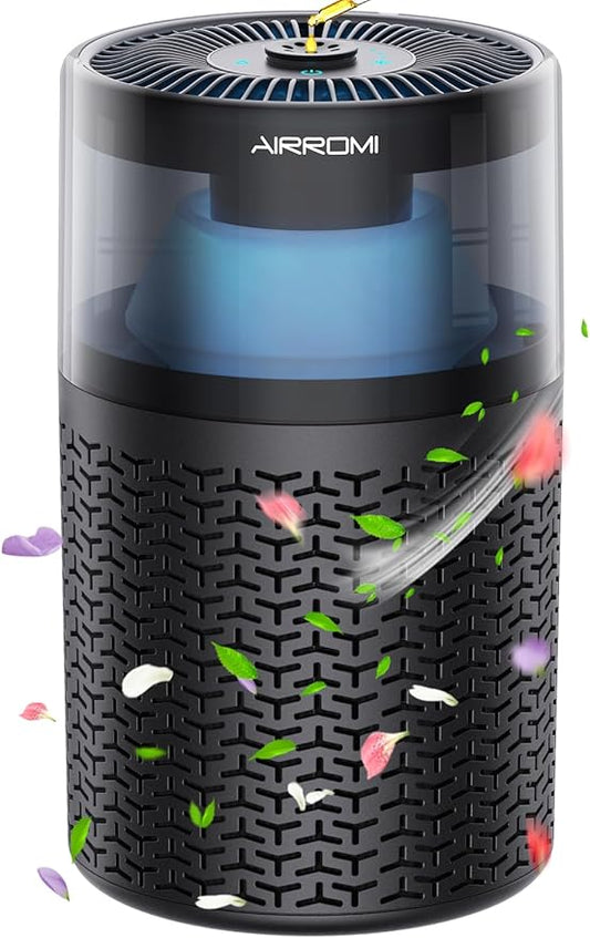 AIRROMI Pet Air Purifier for Home & Bedroom, HEPA Activated Carbon Filter, Removes Pet Dander & Odor, Allergies, Smoke, Hair, Night Light, Fragrance Sponge, Up to 658 ft², A2002 Black