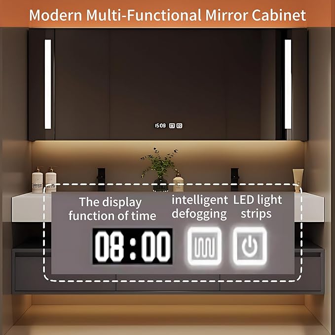 60IN Bathroom Vanity Double Sink - Double Sink Bathroom Vanity Set Include Smart Defogging Bathroom Mirror Cabinet with LED Light Strips, Abundant Storage Space with 3 Drawers (Mirror)