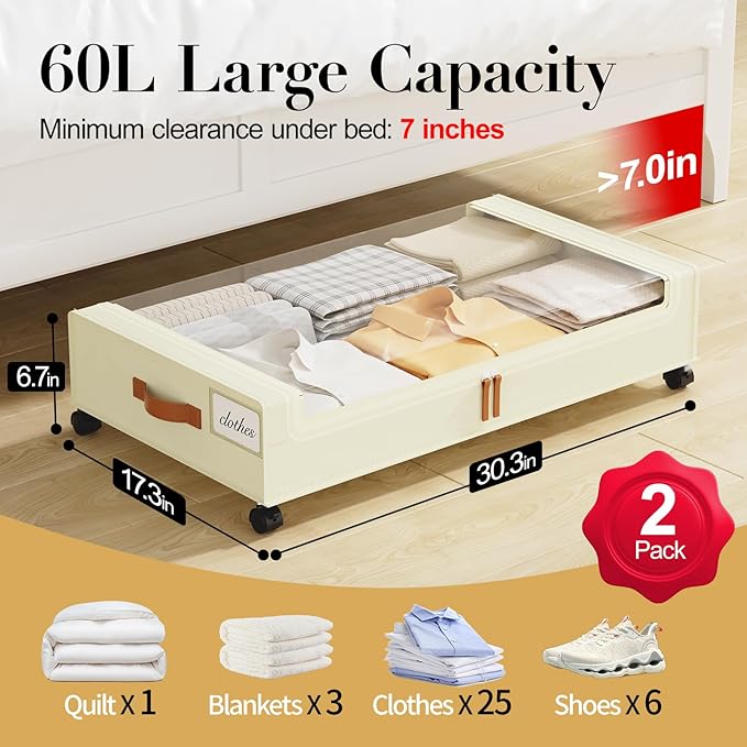 Rolling Under Bed Storage with Lids, 60L, 2 Pack – Beige