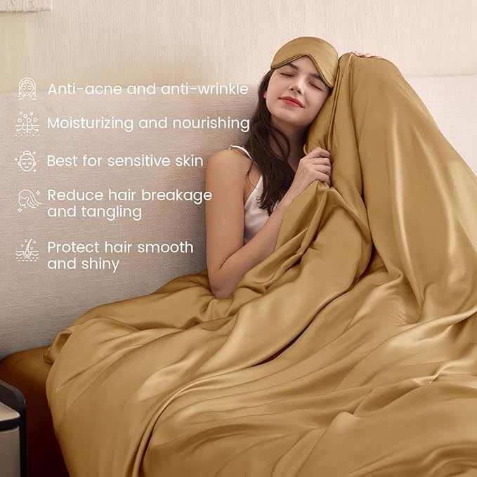 THXSILK 100% Pure Mulberry Silk Duvet Cover Set 3 Piece, 6A+ Grade Luxury Soft Bedding Silk Sheets for Hair and Skin, 1 Pcs Quilt/Comforter Cover with 2 Zippered Pillowcases (Metallic Gold, Queen)