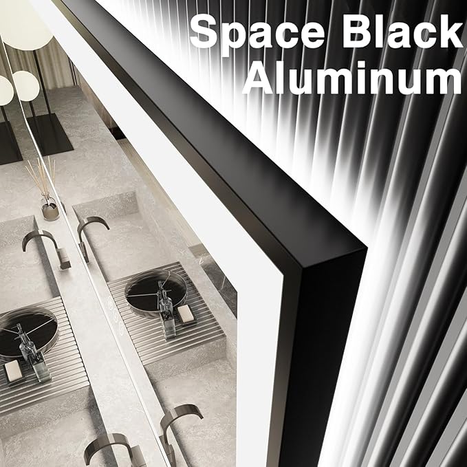 84x32 LED Bathroom Mirror, Black Aluminum Framed, Backlit + Front-Lit, 3 Colors Temperature Changeable, Dimmable Vanity Mirror, Tempered Glass, Defog, Waterproof, Memory (Horizontal/Vertical)