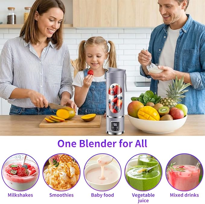 Portable Personal Blender, 500ML Cordless Compact Travel Juicer for Shakes & Smoothies, Small Blenders with Smart time display, Self-cleaning, BPA Free Cup & Lid, 12 blades, USB-C Rechargeable Purple