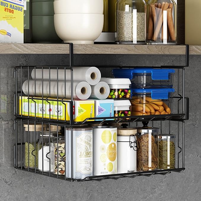 Under Shelf Storage Baskets, Foldable Carbon Steel Under Cabinet Basket for Kitchen Cabinets Pantries Bookshelves Desk, Space-Saving Storage Solution (Black, 2 Pack)
