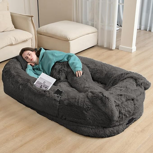 YAEM Human Dog Bed, 71"x45"x12" Calming Giant Human Size Dog Bed for Adults, Washable Faux Fur Orthopedic Napping Pet Beds with Non-Slip Bottom, Dark Grey