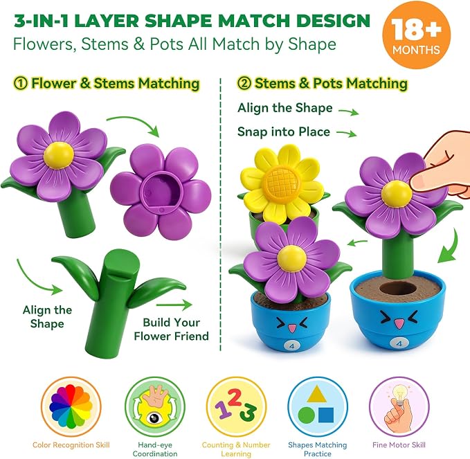 Montessori Flower Garden Building Toy for Girls & Boys, Toddler Gardening Set with 5 Shape & Number Flowers, Preschool Learning Matching & Stacking Game, Sensory Toys Gifts for 1 2 3 Year Old