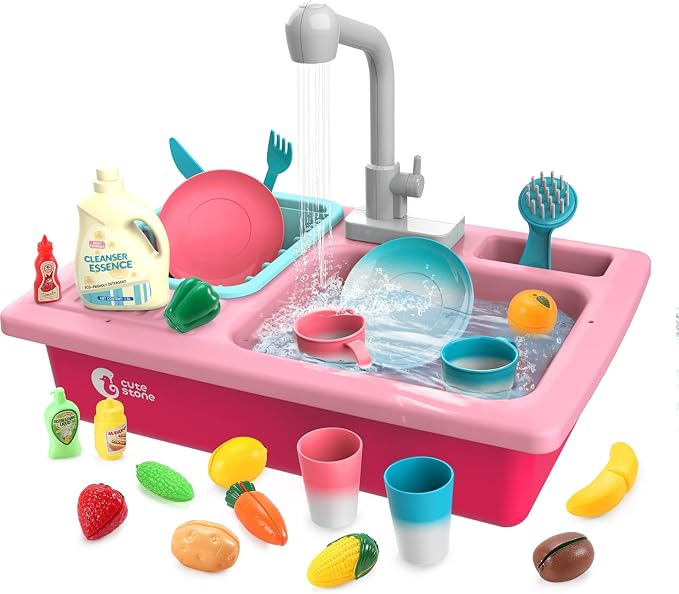 CUTE STONE Color Changing Play Kitchen Sink Toys, Children Electric Dishwasher Playing Toy with Running Water,Upgraded Real Faucet and Play Dishes,Pretend Role Play Toys for Kids Boys Girls