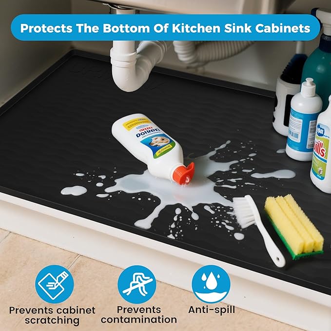 URMONA 40'' x 22'' Waterproof Silicone Under Sink Mat Cabinet and Counter Protector, Shelf Liner for Kitchen and Bathroom, Storage and Organizers, Litter Mat, Pet Cat Puppy Essentials（Light Cream）