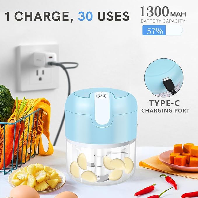 EASYSPEED Electric Garlic Chopper 1Cup, Mini USB Charging Wireless Food Processor with 304 Stainless Steel, 3 Sharp Blades, Portable Kitchen Vegetable Grinder for Onion, Garlic, Ginger, Baby Food
