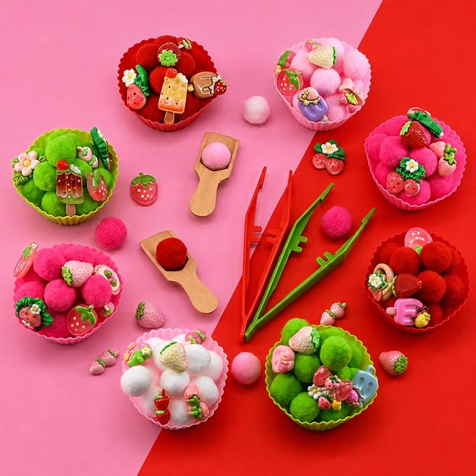 155 Pcs Strawberry Sensory Bin Filler Summer Counting Sorting Sensory Bin Items Fine Motor Counts for Summer Strawberry Sorting Counting