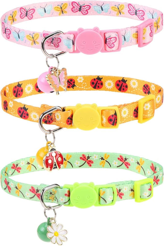 Breakaway Cat Collars with Bell & Cute Pendants, 3 Pack Safety Buckle Kitten Collars, Adjustable Pet Collar Ideal for Girl Boy Cats Puppy (Style A - Insect)