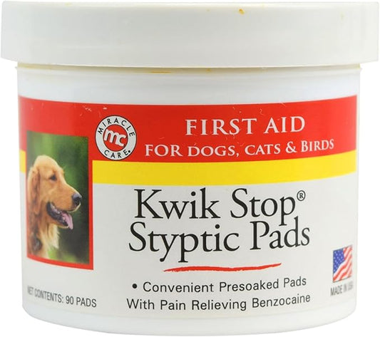 Miracle Care Kwik Stop Styptic Pads for Dogs, Cats and Birds, 90 Pre-Soaked Pads, Fast Acting Blood Stop with Pain Relieving Benzocaine