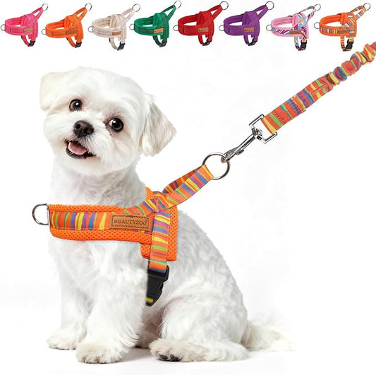BEAUTYZOO Dog Harness for Small Dogs,No Pull Dog Harness and Leash Set,Soft Escape Proof Puppy Vest Harness with Handle,Reflective Lightweight Step in Harness for Girl Boy Dogs,Orange_Print S