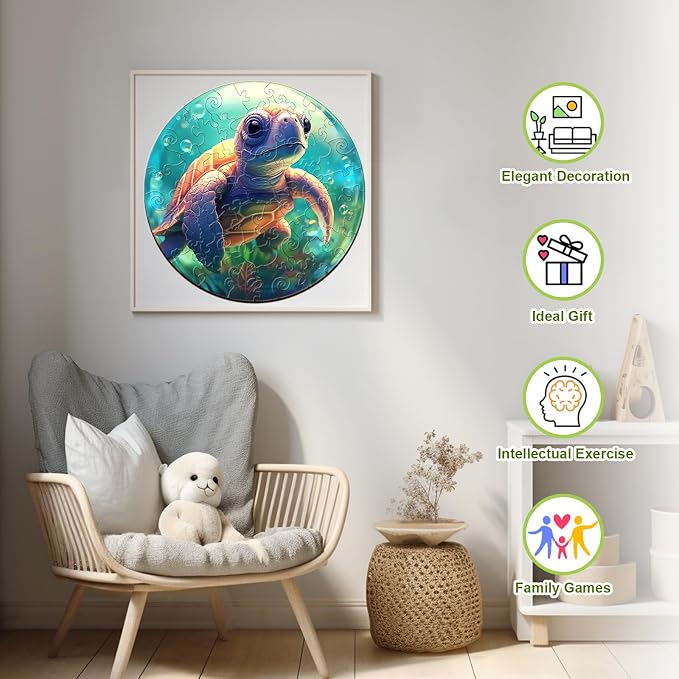 Wooden Puzzles for Kids Ages 4-8, Sea Turtle Puzzle, Unique Animal Shaped Wooden Jigsaw Puzzles for Kid, 50 Pieces Puzzles for Kids(50pcs,11.4 * 11.4in)