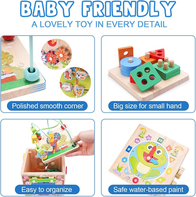 Wooden Activity Cube | Montessori Toys for 1 2 3 Year Old Toddler Gifts | One Year Old 1st First Birthday Gift | Educational Toys for 12+ Months Baby Boys Girls | Bonus Sorting & Stacking Game (Pink)