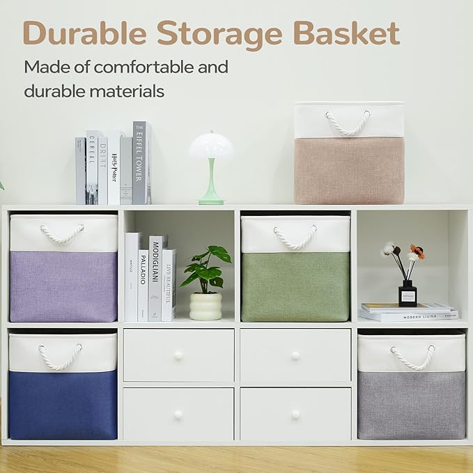 12 x 12 Inch Cube Storage Bins, 4 Pack Fabric Storage Basket with Handles, Foldable Boxes Organizer for Shelf Baskets for Home, Clothes (White/Khaki)