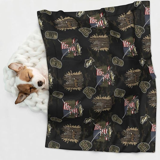 Double Sided Plush Pet Blanket with Cozy Dot Texture, Hunting Deer Bass Fishing Lure Camo Camouflage American Flag Black, Reversible for Dogs Cats on Couches Beds