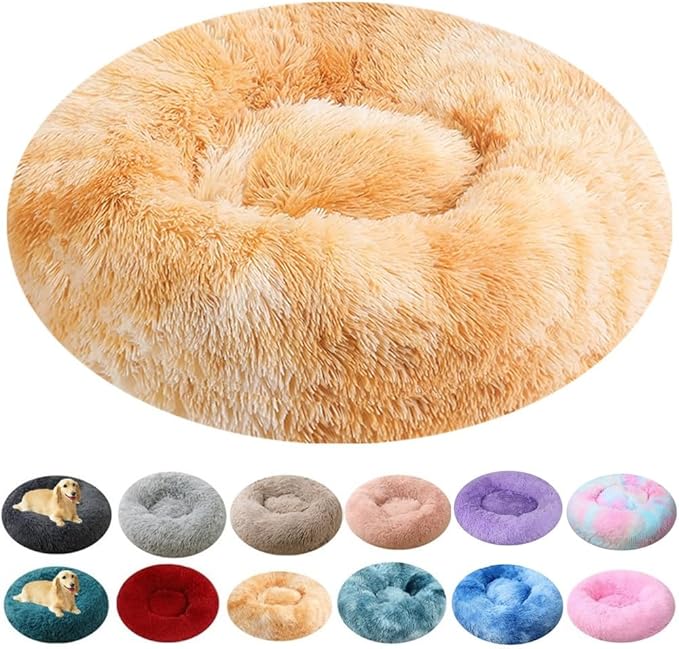 Donut Dog Bed Cat Bed, 20 Inch Round Fluffy Dog Beds for Small Dogs and Cats, Anti-Anxiety Donut Dogs Cuddler Bed, Washable Pet Bed for Medium Cats (Yellow White)