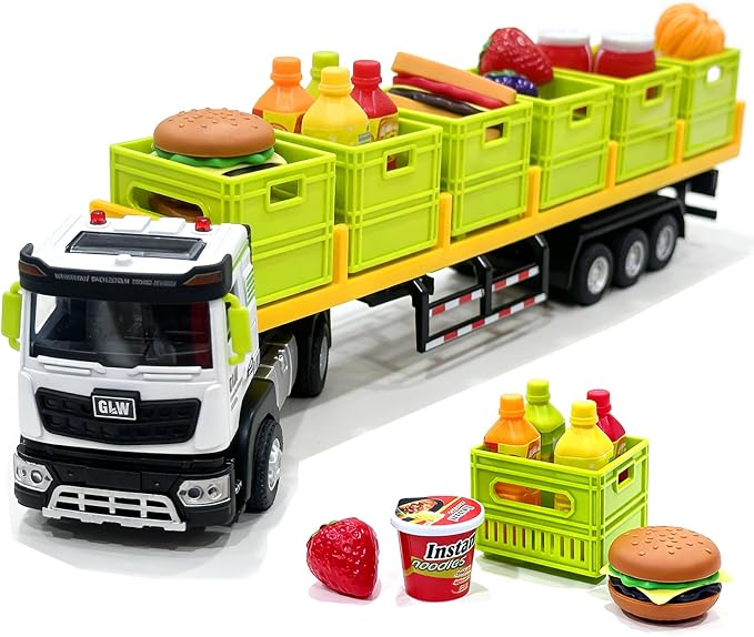 Food Transport Truck Toy for Age 3-8 Kids – Alloy Vehicles Head 1:40 Goods Trailer with Cargo Box and Food Model, Lights & Sounds (Large Transport Truck Green)