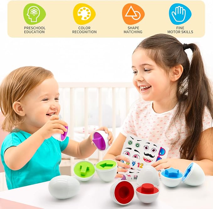 MOONTOY 6PCS Kid Easter Eggs Montessori Toys for 18M+ Year Old Boy Girl | Easter Matching Eggs, Educational Color Sorting Kid Puzzle, Cognitive Shape Sorter, Gifts for Kids Easter Basket Stuffers