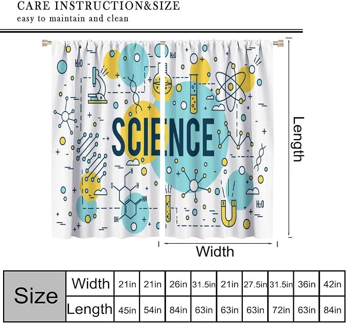 Science Window Curtains, Chemistry Chemical Science Pharmacy Research Room Darkening Door Window Rod Pocket Curtain for Girls Boys Kids Bedroom Study Room Classroom Set 2 Panels,52x84 Inches