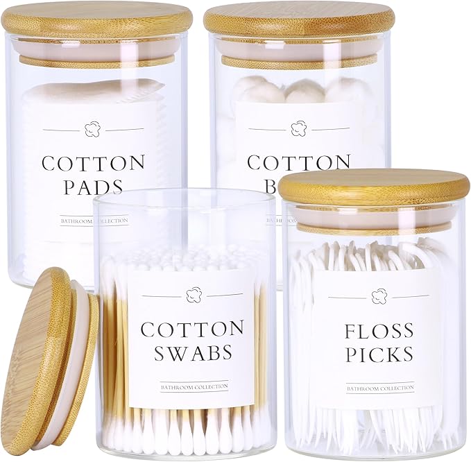 4 Pack Qtip Holder Dispenser - Glass Apothecary Jars with Lids, Cotton Ball Pad Swab Round Holder, Bamboo Bathroom Accessories, Bathroom Organizers Containers Jars Canisters with Lids