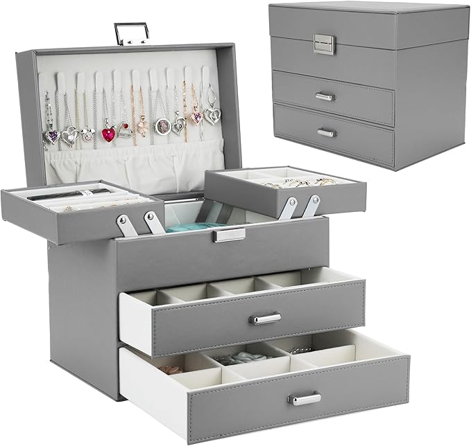 Dajasan Jewelry Holder Organizer Box, Jewelry Boxes for Women Girls, 4 Layers Large Jewelry Storage Box for Earring, Ring, Necklace, Bracelets (Grey)