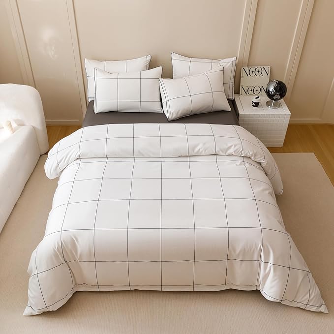 KAREVER White Grid Comforter Cal King Women Black Square Lines Checkered Bedding Set California King White Plaid Comforter Cal King Size